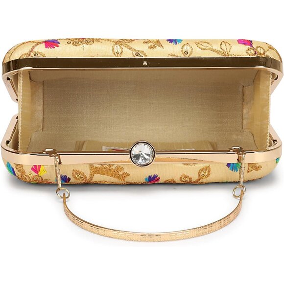 Elegant Gold-tone Box Clutch with Detachable Chain - Zari Embroidered Design - Picture 6 of 7